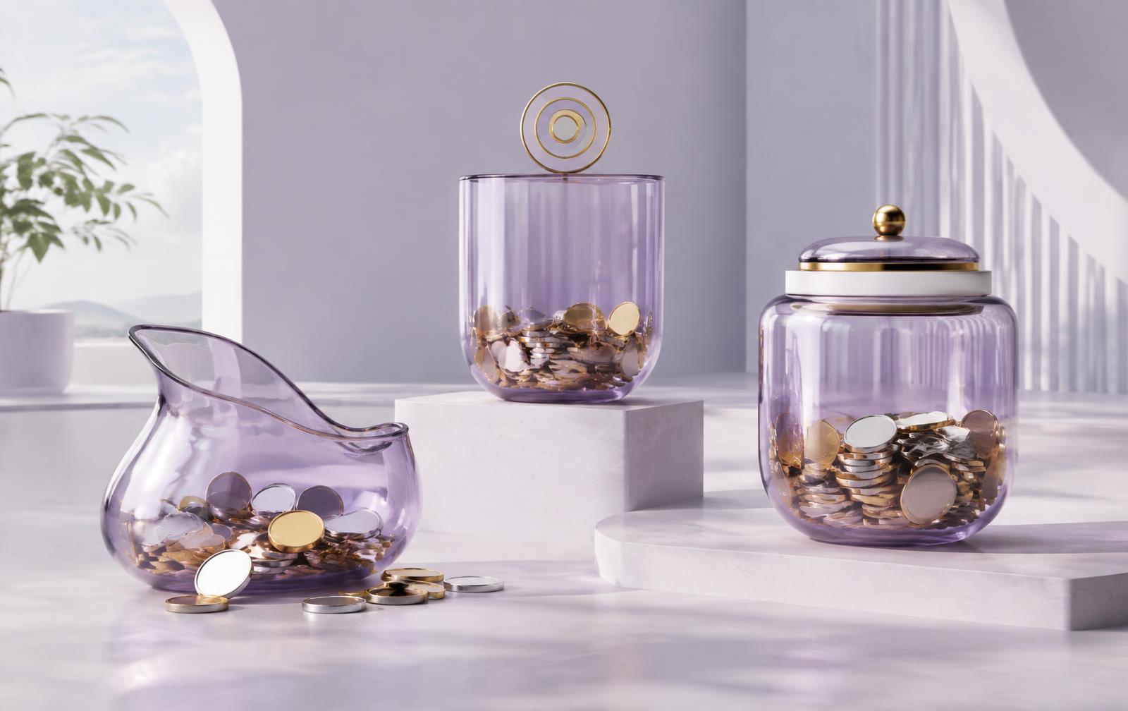 Three lavender savings vessels representing flexible, target and locked plans